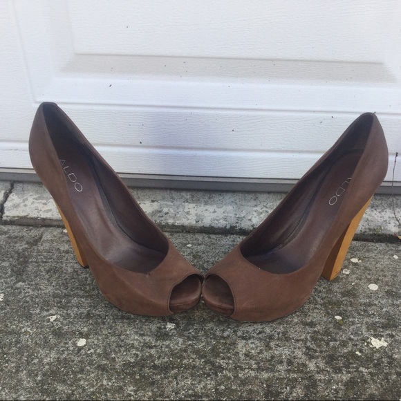 ALDO Brown Peep Toe Platform Wooden Heels size 40 - Picture 7 of 7